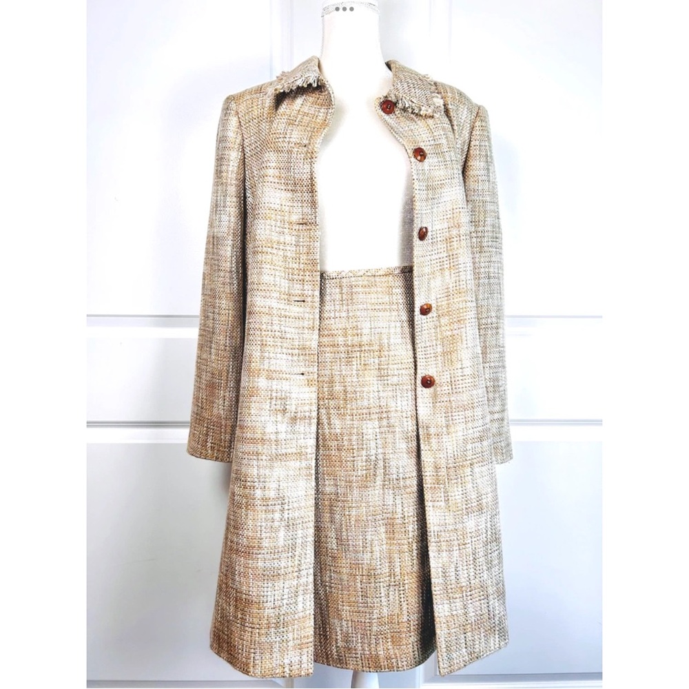 Le Suit Skirt Suit Set Womens 16 Beige Tweed Long Coat Skirt Workwear 90's 2PC